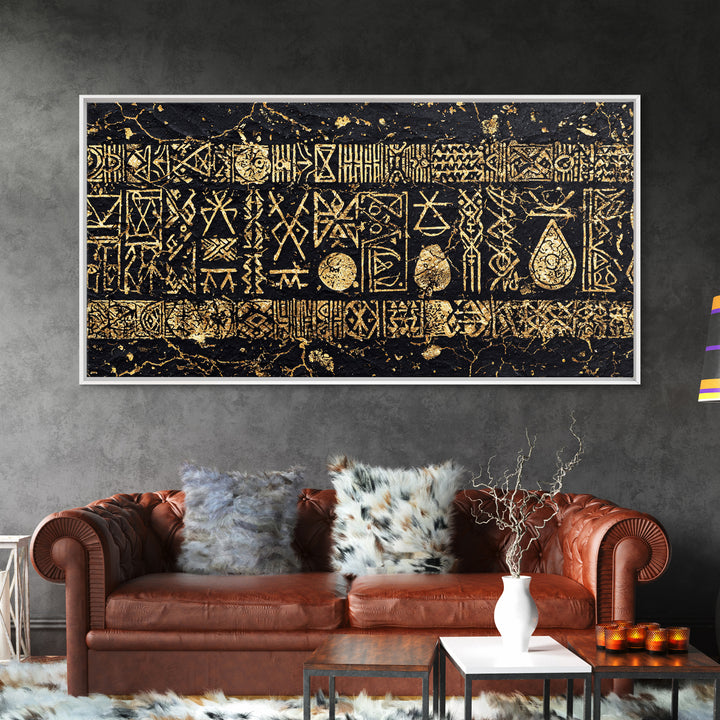 Ancient Gold Tribal Symbols On Black Stone Wall Art, African Tribal Art, Cultural Wall Decor, Textured Canvas Print Gift