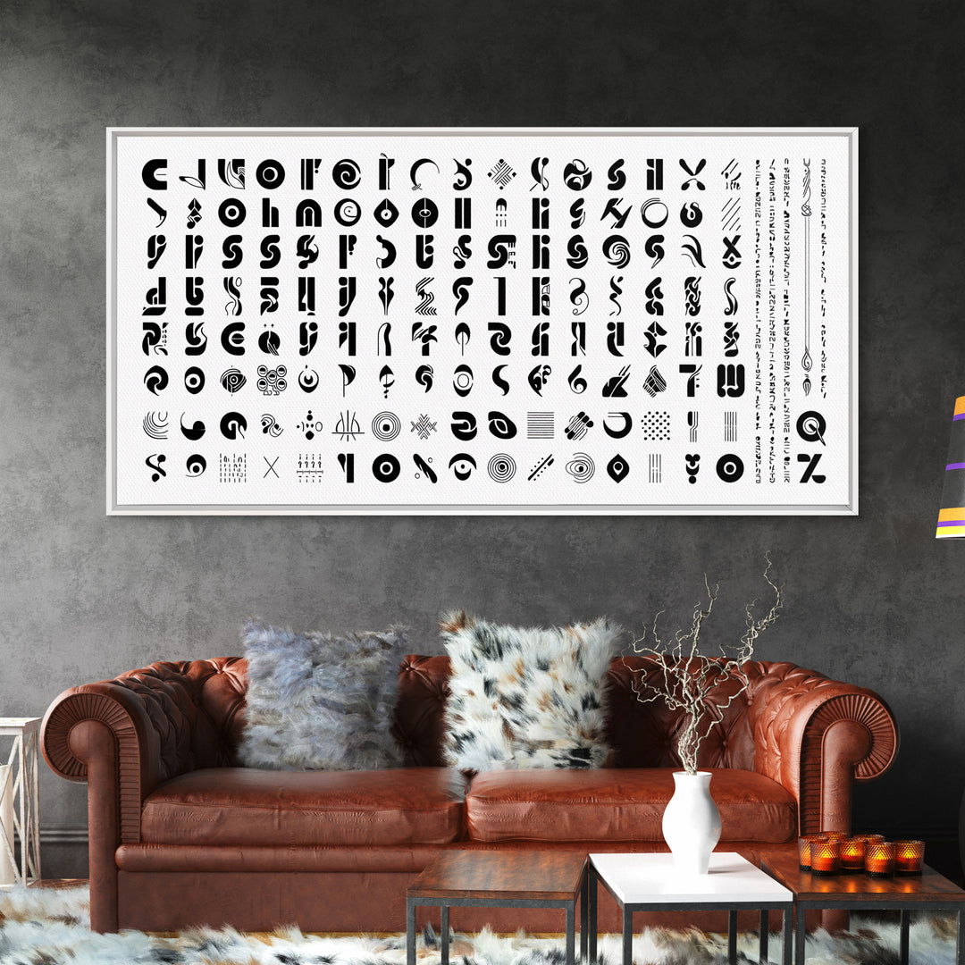 Black Abstract Symbol Alphabet On White Wall Art, African Patterns, Geometric Wall Art, Minimalist Canvas Print Decor Gift