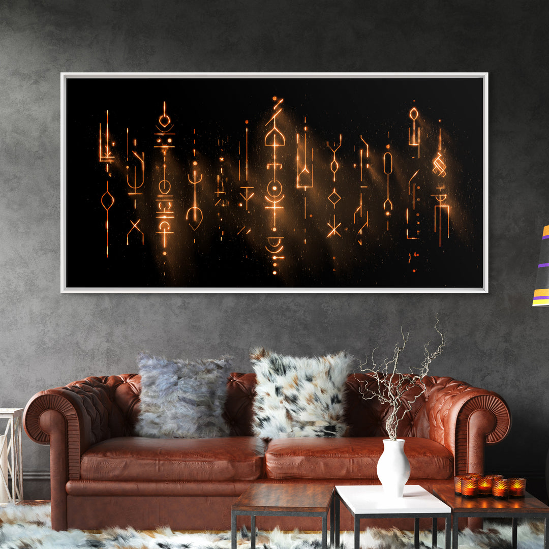 Glowing Ancestral Symbols Wall Art, African Inspired Abstract Canvas, Spiritual Black Gold Decor, Mystic Tribal Art Print