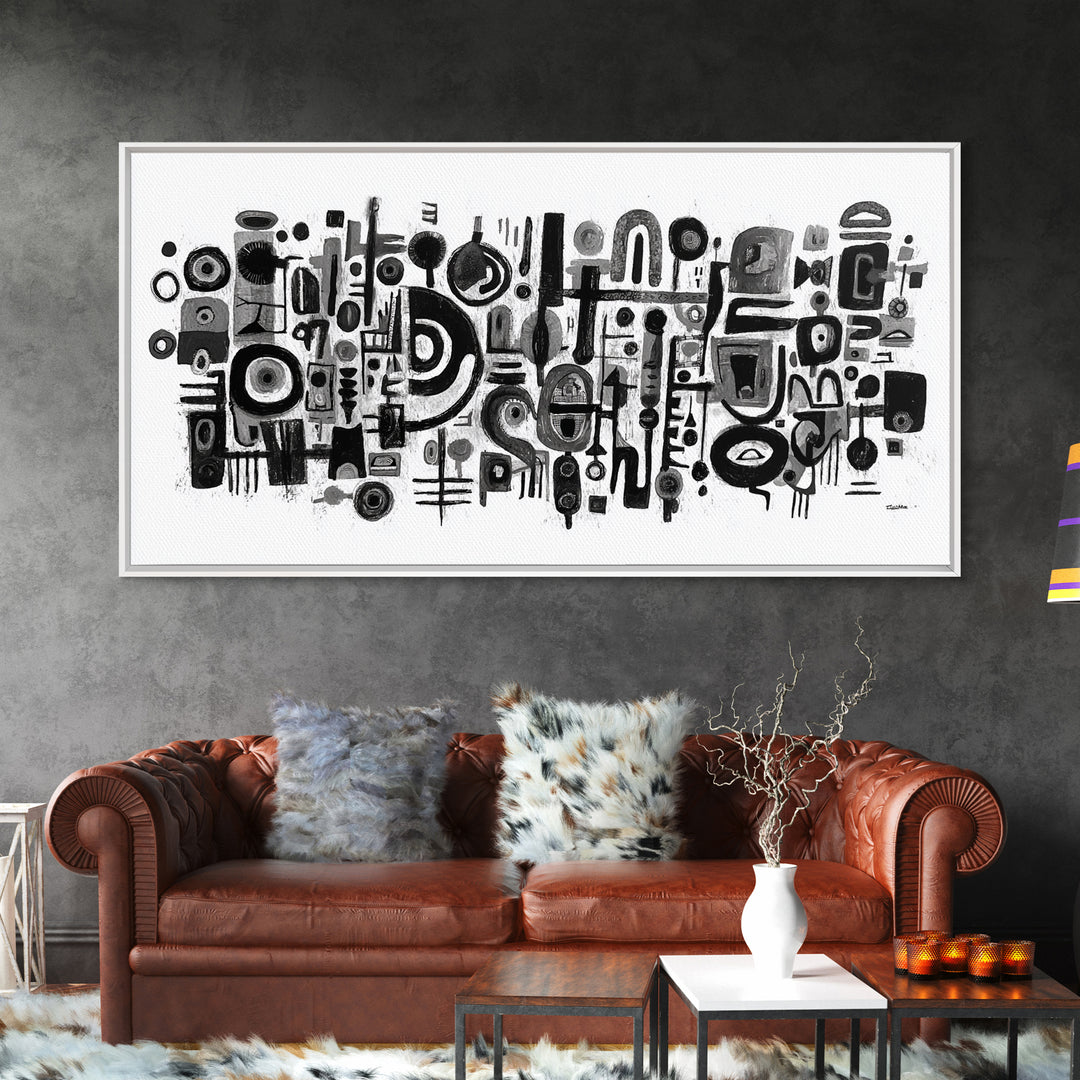 Black And White Tribal Shapes Canvas Print, Abstract African Art, Geometric Wall Decor, Modern Afrocentric Artwork For Home
