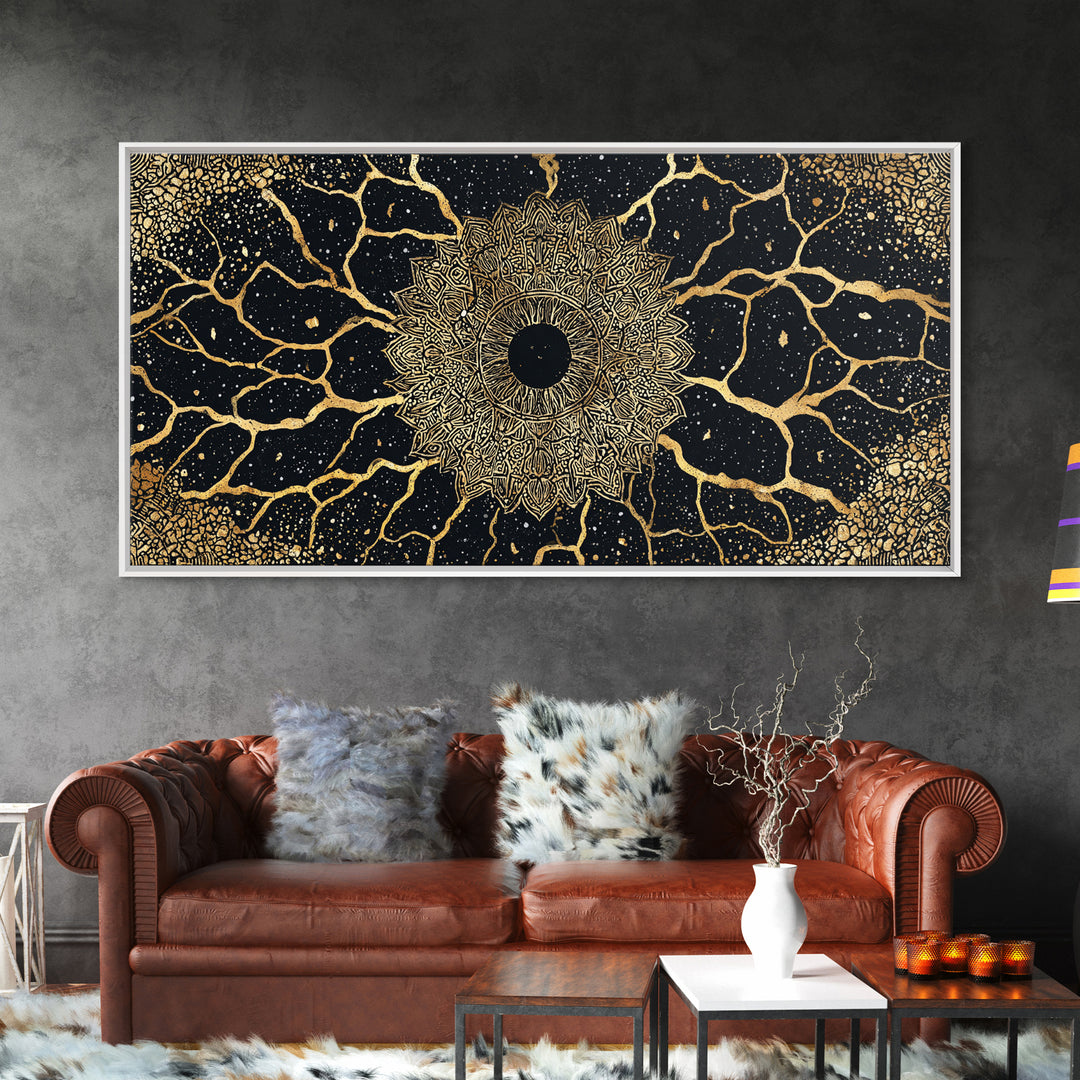 Golden Mandala Cosmos Wall Art, Black And Gold Abstract African Inspired Decor, Spiritual Geometric Canvas Print For Living Room