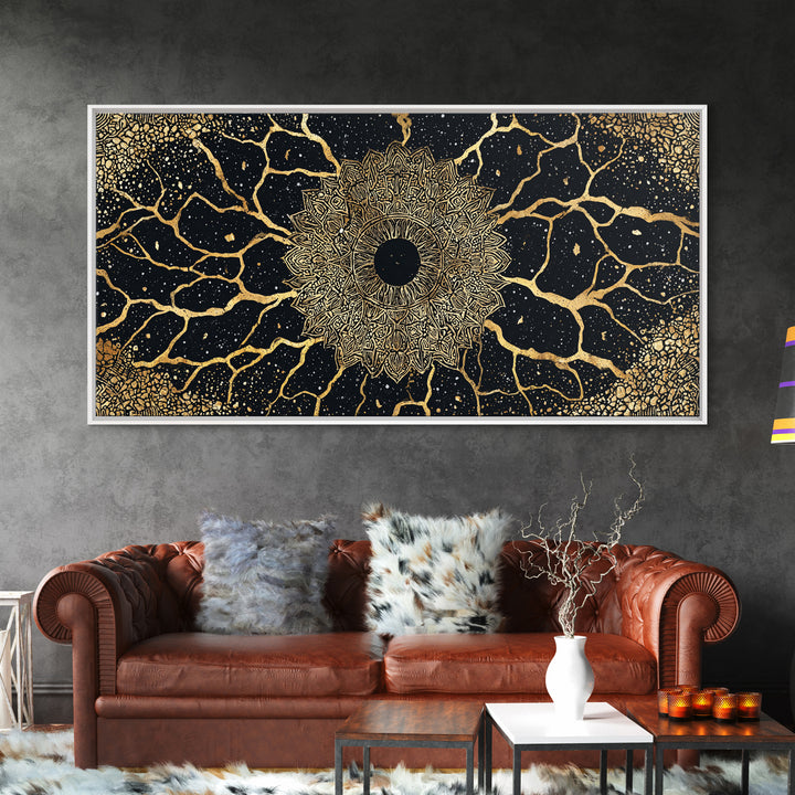 Golden Mandala Cosmos Wall Art, Black And Gold Abstract African Inspired Decor, Spiritual Geometric Canvas Print For Living Room