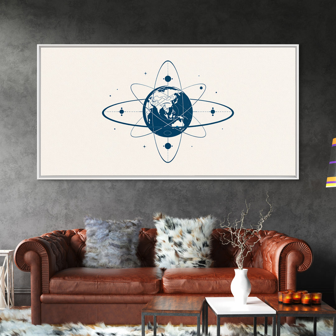 Blue Earth Atom Wall Art, Minimalist Globe Orbit Illustration, Science Inspired Canvas Print, Modern Office Decor For Home