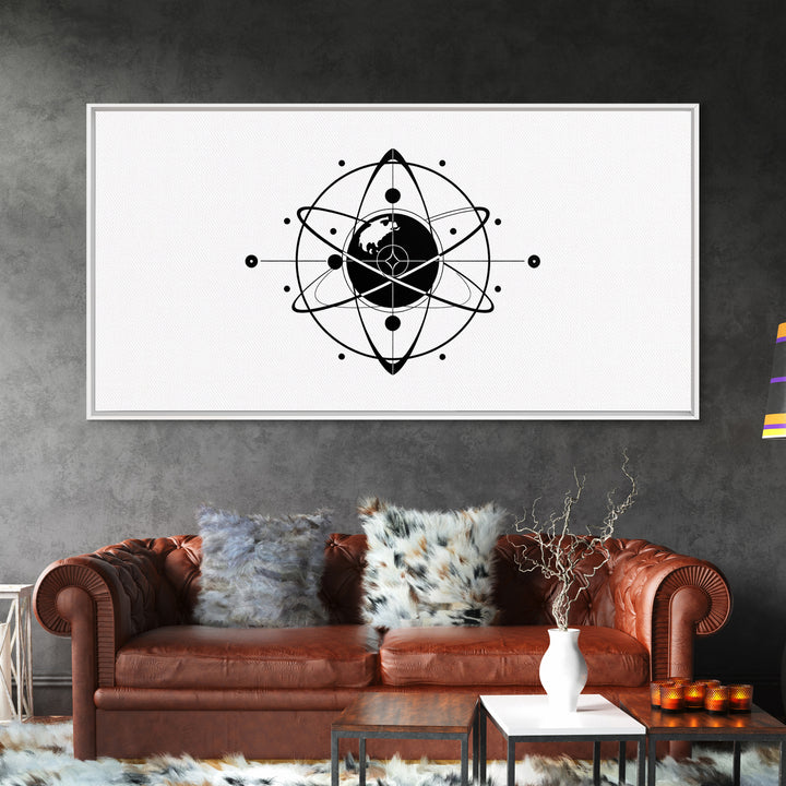 Minimalist Black Earth Atom Canvas Print, Globe Orbit Line Art, Modern Science Wall Art, Clean Office Decor For Home Gift