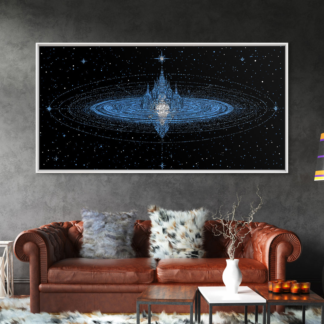 Blue Star City Wall Art, Cosmic Castle On Water, Dreamy Celestial Canvas Print, Mystical Night Sky Decor For Bedroom Gift