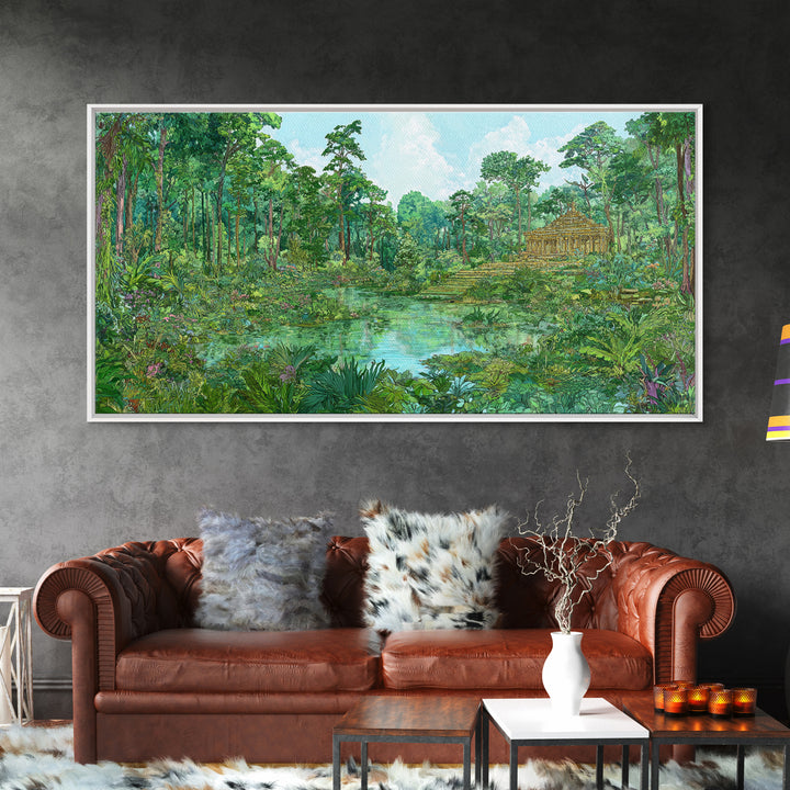 Lush Jungle Temple Wall Art, Tropical Lagoon Landscape, Green Nature Canvas Print, Serene Boho Home Decor Gift For Living Room