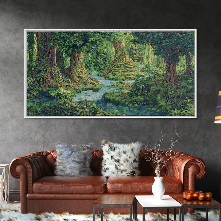 Ancient Jungle Stream Canvas Print, Fantasy Forest Ruins, Green Nature Wall Art, Tropical Landscape Decor For Living Room