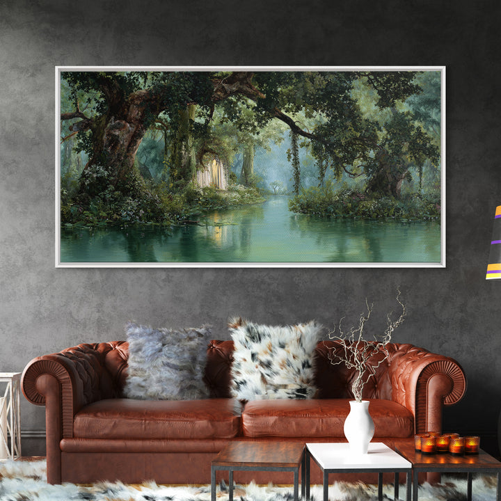 Misty Bayou Forest Wall Art, Dreamy River Landscape, Ancient Trees Canvas Print, Elegant Green Nature Decor For Home Gift