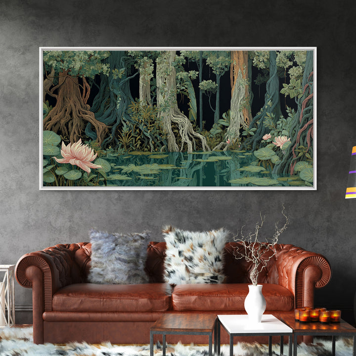 Dark Mangrove Swamp With Lotus Flowers Wall Art, Moody Jungle African Landscape, Boho Nature Canvas, Living Room Decor Gift