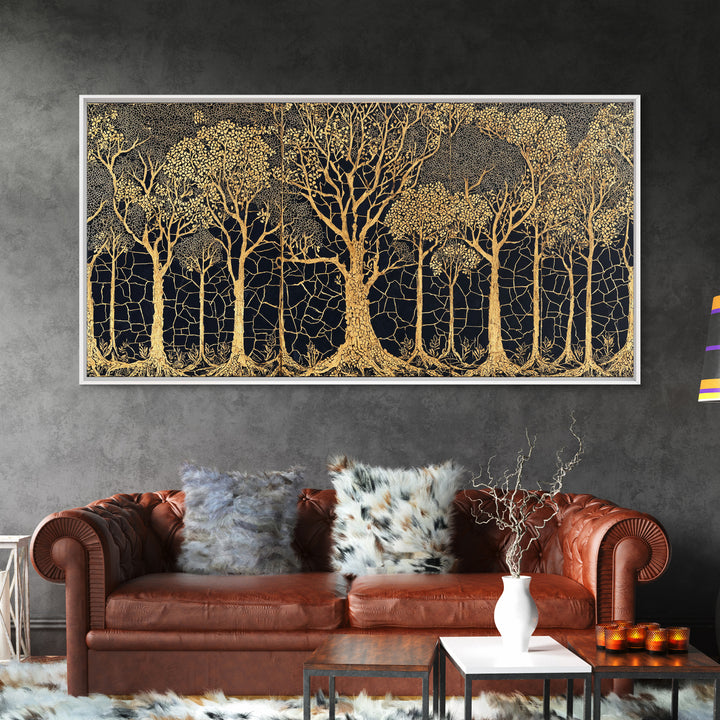 Golden Forest Of Bare Trees Wall Art, Black And Gold African Inspired Nature Print, Elegant Boho Home Decor, Statement Gift