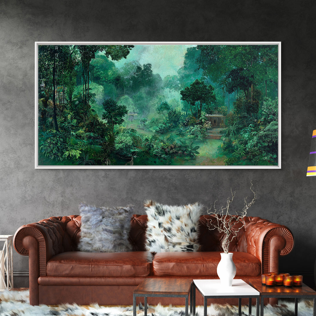 Misty Emerald Jungle Path Wall Art, African Safari Landscape, Tropical Nature Scene, Green Living Room Decor, Serene Gift