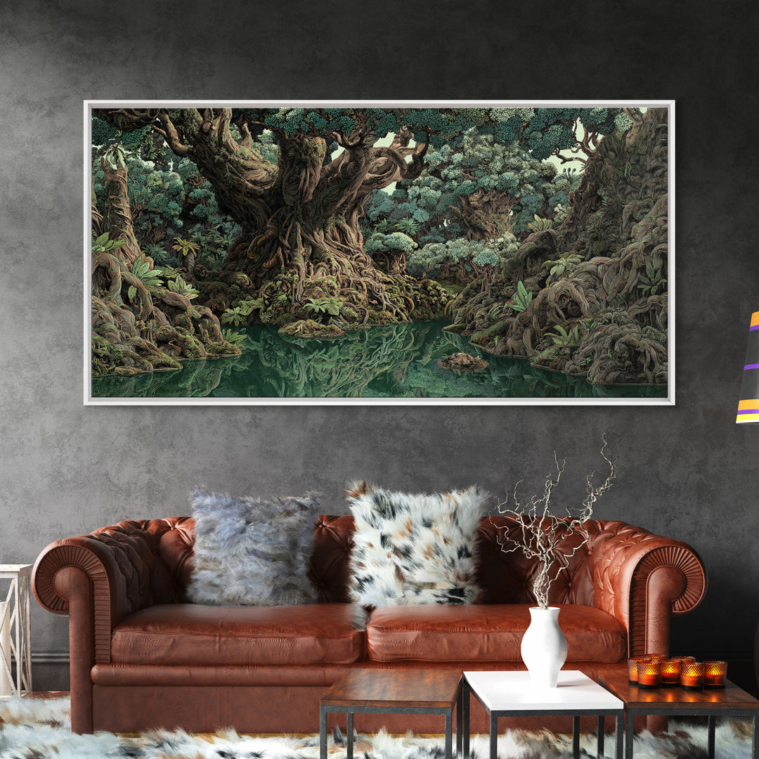 Ancient Banyan Tree Lagoon Canvas Print, Mystical Jungle African Landscape Wall Art, Boho Nature Decor, Statement Home Gift