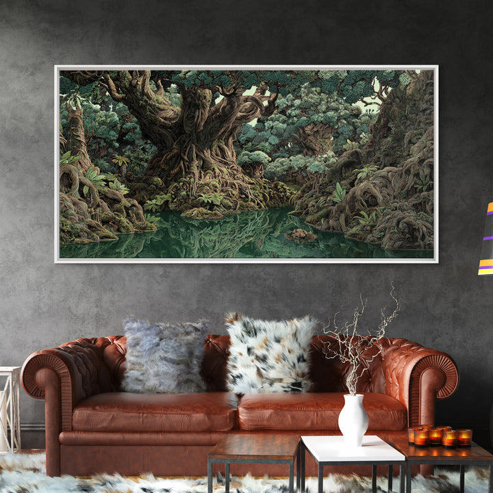 Ancient Banyan Tree Lagoon Canvas Print, Mystical Jungle African Landscape Wall Art, Boho Nature Decor, Statement Home Gift