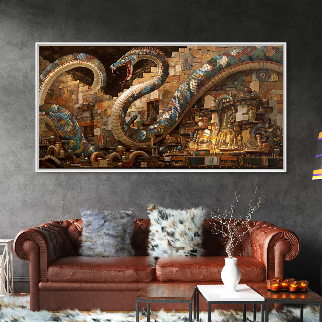 Jeweled Giant Serpents In Antique Market Canvas Print, Mystical African Inspired Wall Art, Exotic Boho Decor, Unique Gift