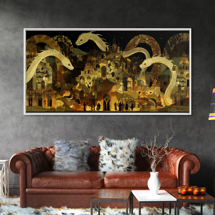 Golden Serpents Over Palace City Wall Art, Mystical African Inspired Canvas Print, Black Gold Decor, Fantasy Statement Gift