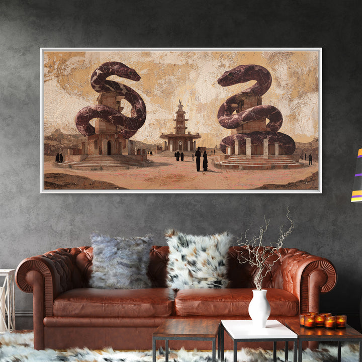 Twin Serpent Desert Plaza Framed Canvas Print, African Inspired Wall Art, Warm Terracotta Cultural Decor, Unique Home Gift