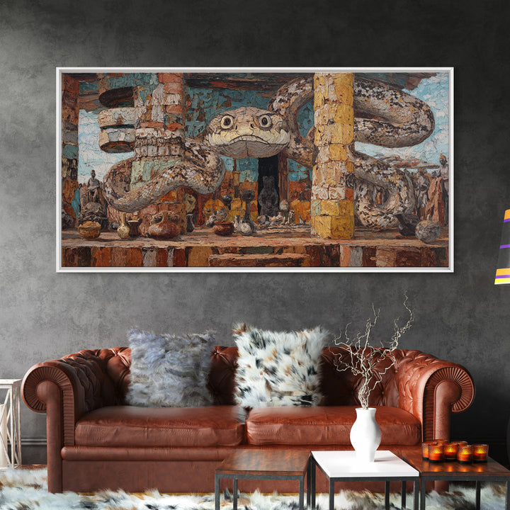 Giant Serpent Market Scene Canvas Print, African Tribal Art, Snake Sculpture Decor, Rustic Bazaar Wall Decor Gift For Living Room