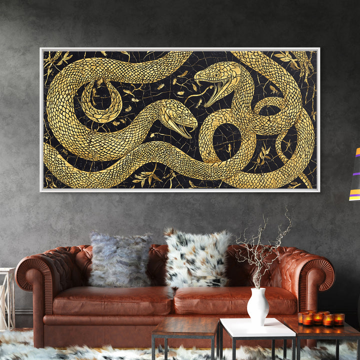 Gold Serpent Botanical Canvas Print, Black And Gold Snake Wall Art, African Inspired Luxury Decor For Bedroom And Office