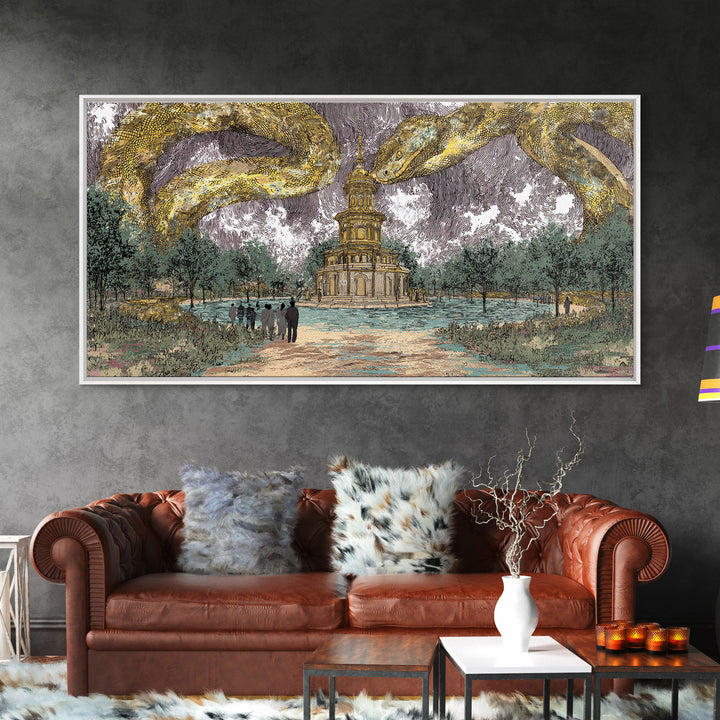 Golden Serpents Over Palace Gardens Wall Art, Surreal Botanical Landscape, Luxury Canvas Print For Elegant Home Decor Gift