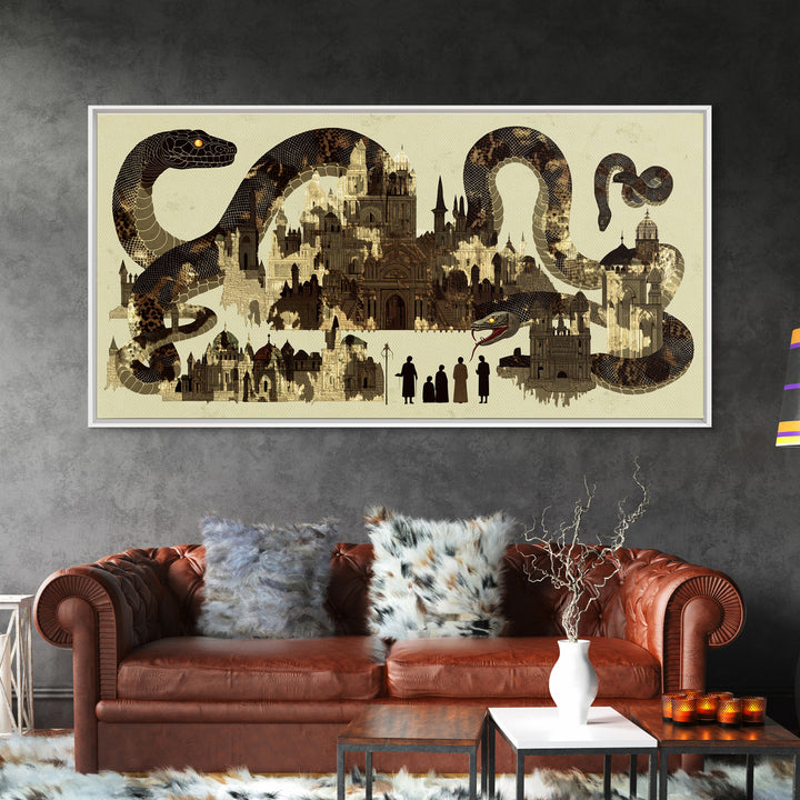 Sepia Serpent Cityscape Canvas Print, Historic Architecture Wall Art, Fantasy Snake Artwork For Study Room Decor Gift For Him