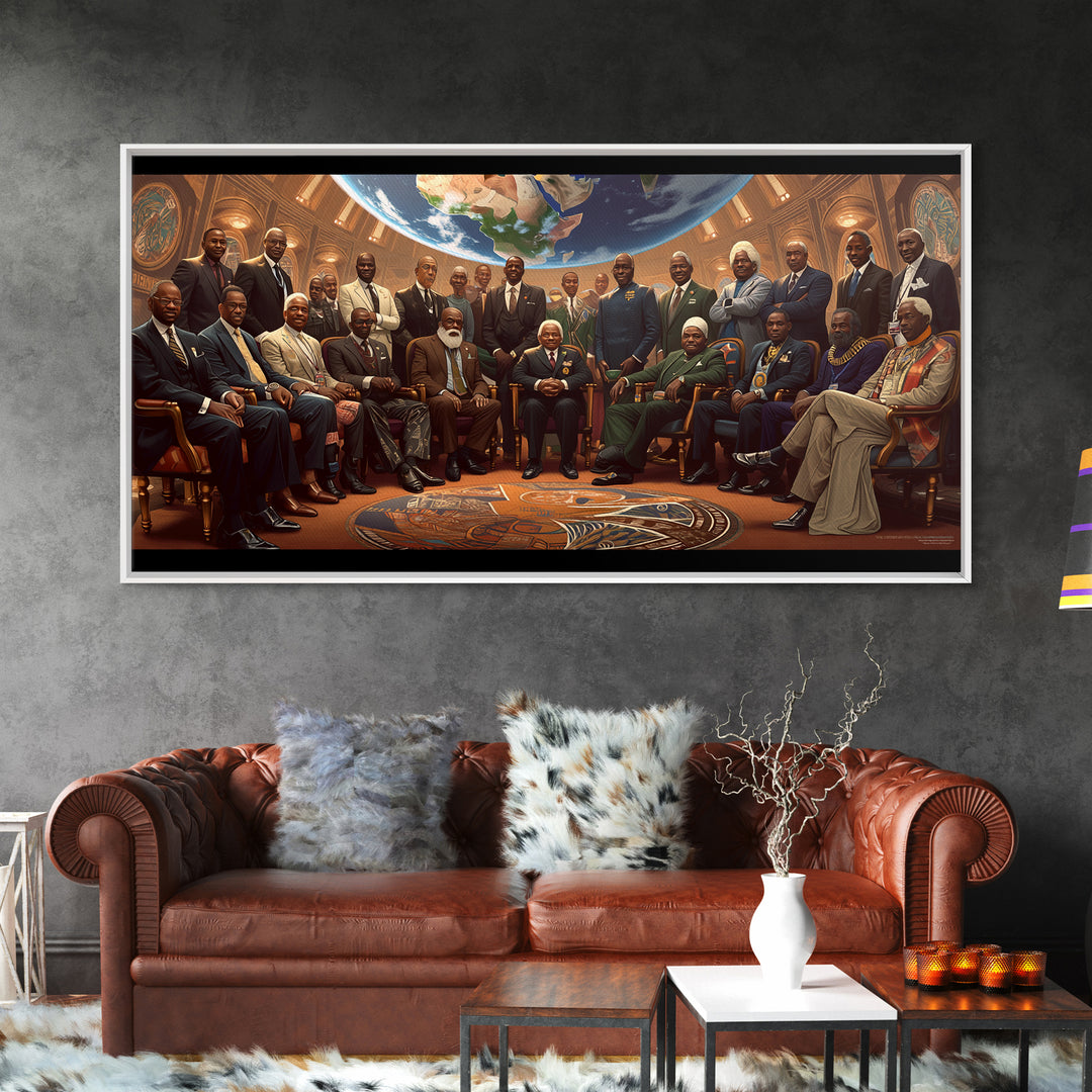 Pan African Council Under Globe Framed Canvas Print, Black Culture Wall Art, African American Leaders Office Decor Gifts