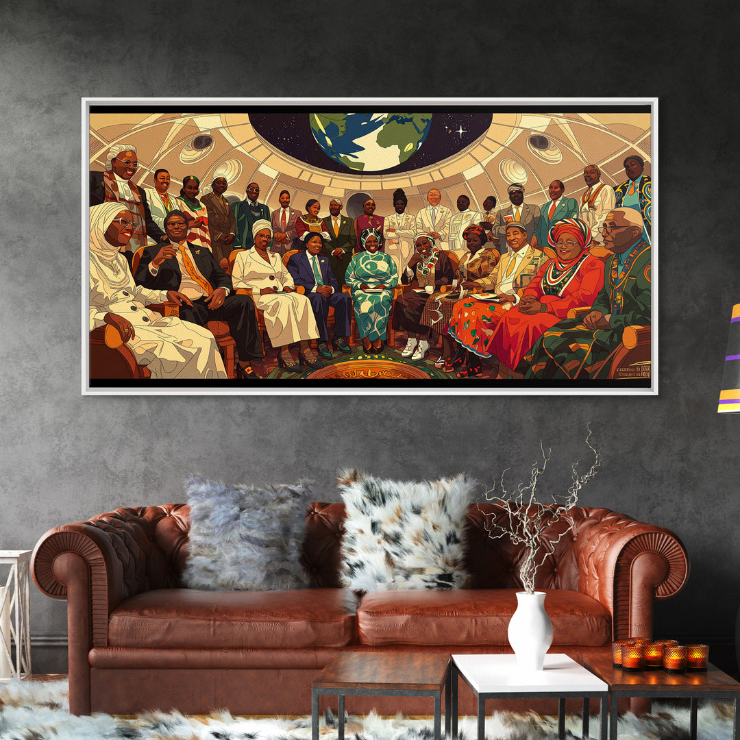 Afrofuturist Elders Council Framed Canvas Print, African American Art, Black Culture Art, Modern African Art, Home Decor