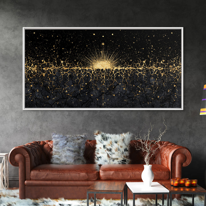 Golden Sunrise Over Ancestral Horizon Wall Art, Black And Gold Art, African Inspired, Spiritual Wall Art, Elegant Home Decor