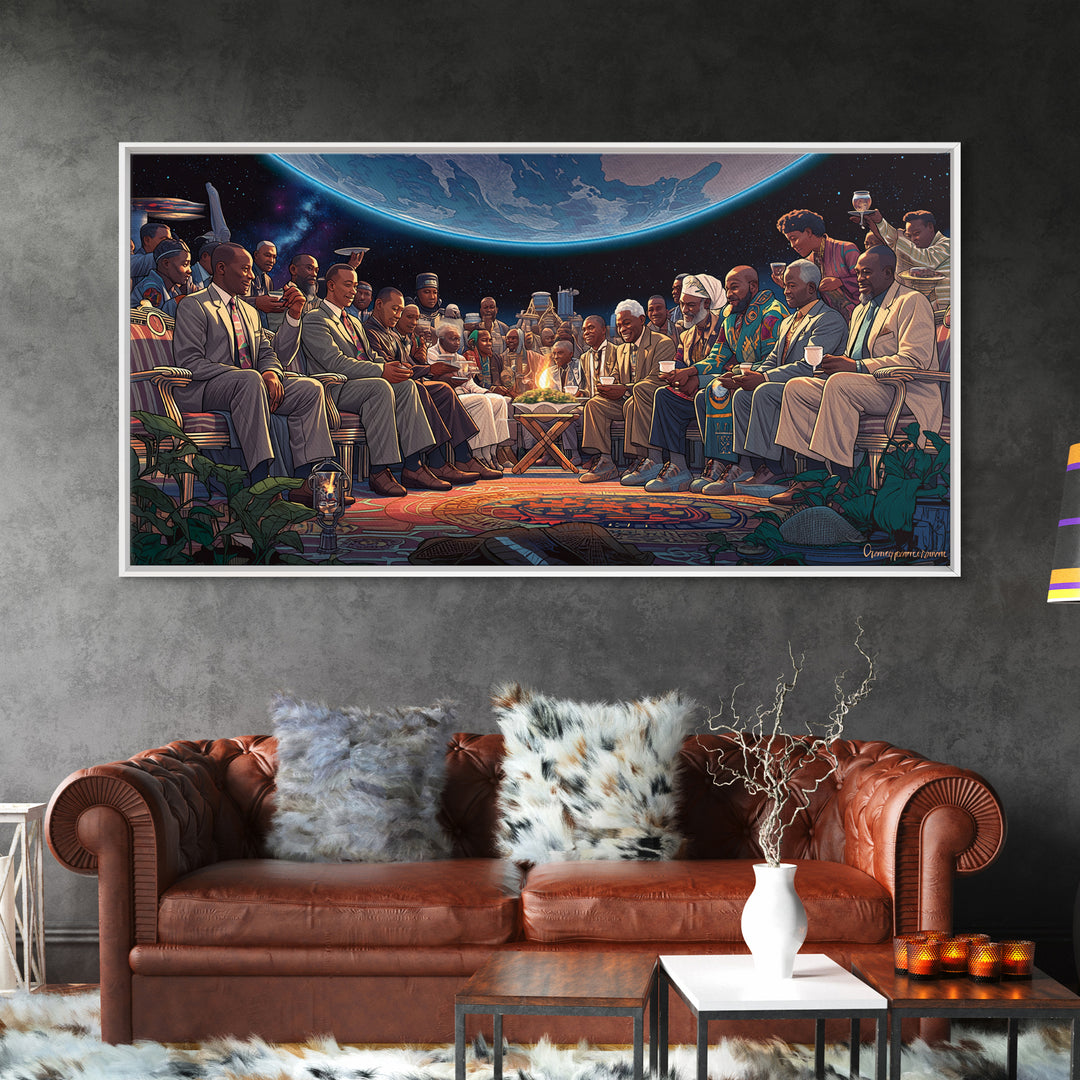 Moonlit Global Council By Fire Wall Art, African American Art, Afrocentric Decor, Black Culture Art, Unique Canvas Print Gift