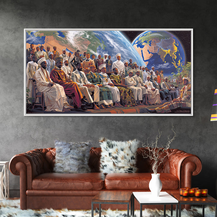 Pan African Assembly Beneath Planets Framed Canvas Print, African Wall Art, Black History Art, Afrocentric Cultural Home Decor