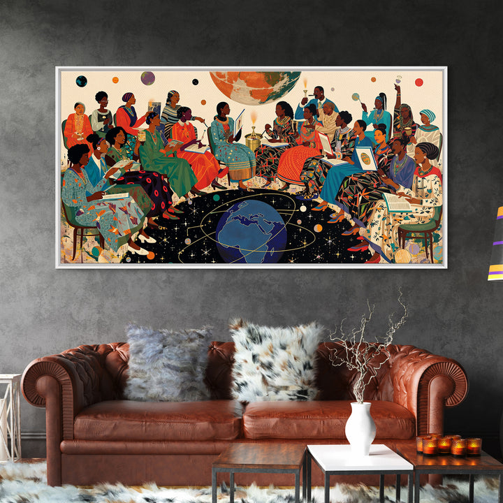 Cosmic African Women Circle With Planets Canvas Print, Black Women Art, Afrocentric Wall Art, Vibrant Cultural Home Decor