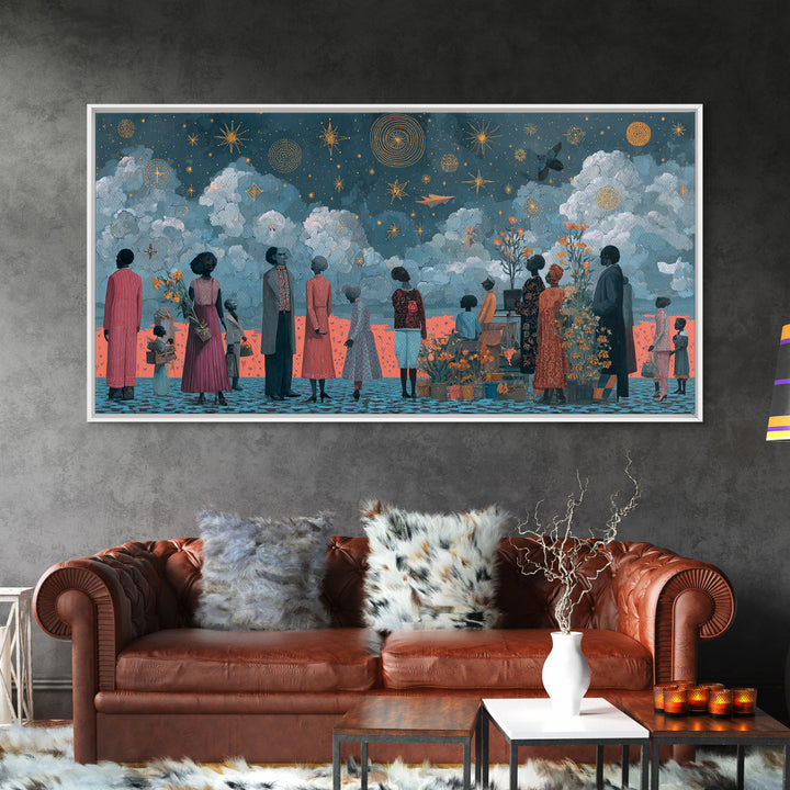 Starry Ancestral Gathering Beneath Clouded Sky Framed Canvas Print, African Wall Art, Spiritual Black Culture Decor Gift