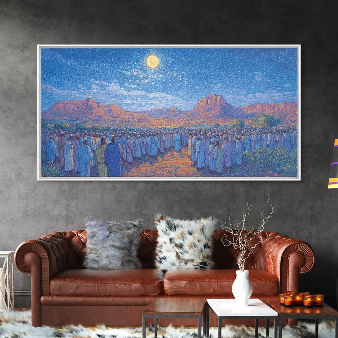 Moonlit African Desert Pilgrimage With Mountain Canvas Print, African Landscape, South African Art, Serene Living Room Decor