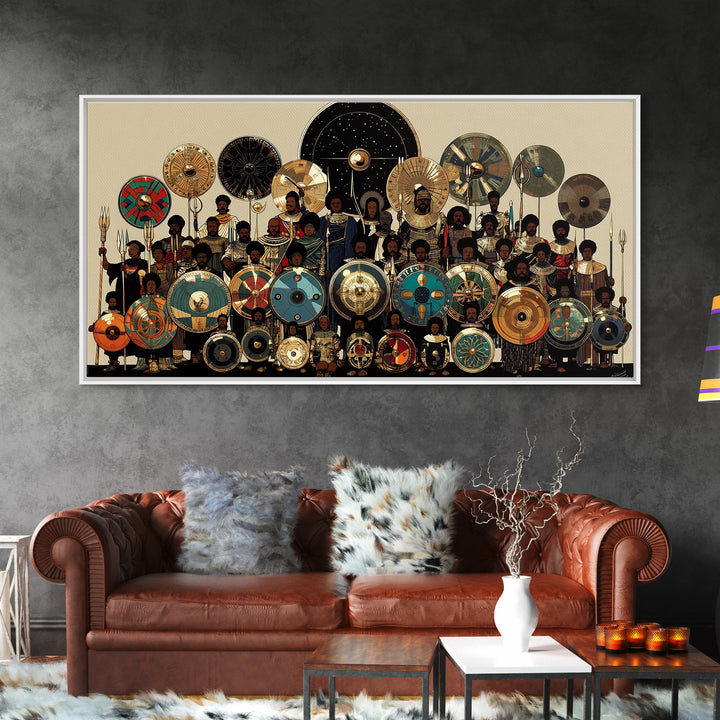 Regal African Shield Bearers With Tribal Parasols Framed Canvas Print, African Warrior Art, Black Culture Wall Decor Gift