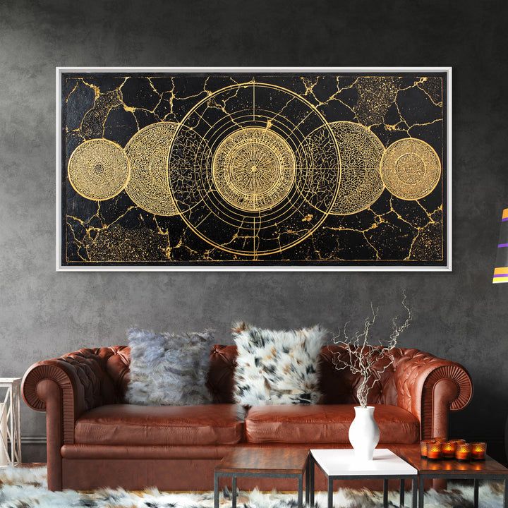 Golden Lunar Phases Celestial Geometry Wall Art, Black And Gold Abstract African Inspired Decor, Mystic Boho Canvas Print