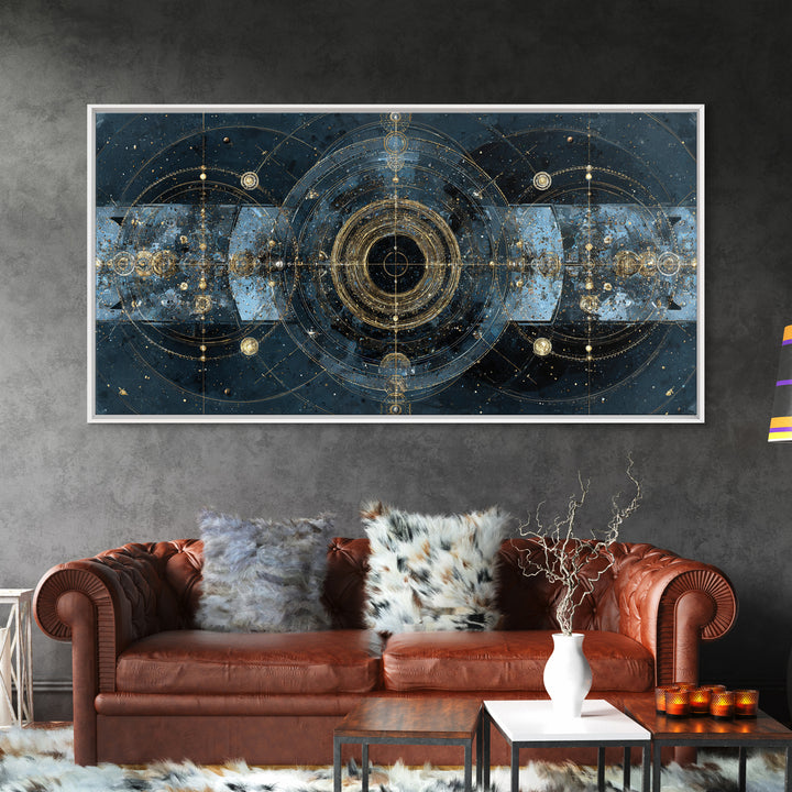 Blue Gold Cosmic Portal Canvas Print, Abstract Wall Art With Sacred Geometry, Modern Luxury Decor For Living Room And Office