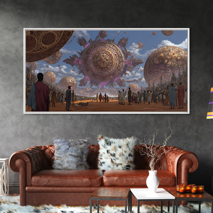 Afrofuturist Festival With Floating Golden Spheres Canvas Print, African Culture Wall Art, Futuristic City Decor Gift For Living Room