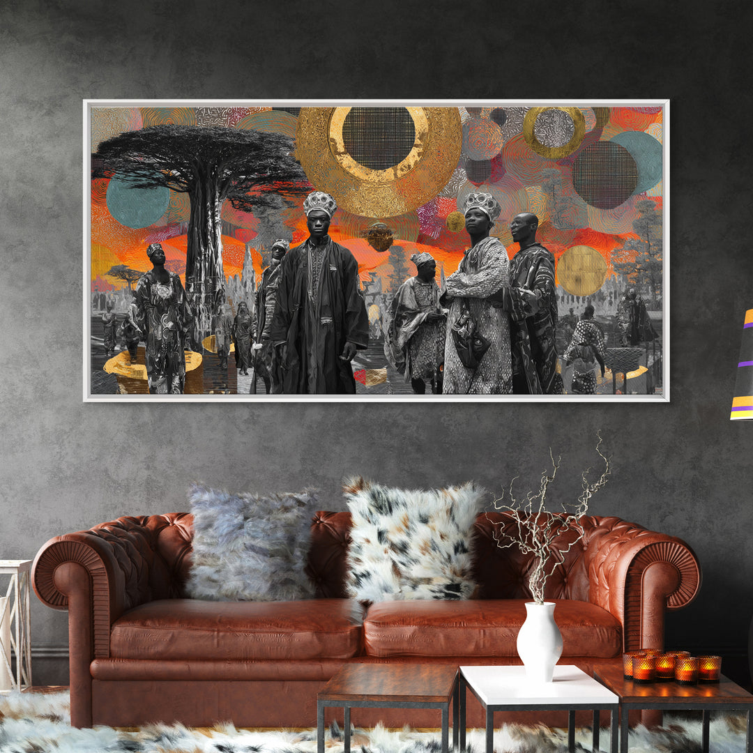 Royal African Figures Under Baobab Sun Wall Art, Afrocentric Black Culture Art, Gold Collage Canvas Print For Elegant Home Decor
