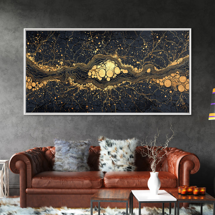 Black Gold Molten River Abstract Wall Art, Luxury Canvas Print, Earth Tone Modern Decor For Living Room And Office Decor Gift