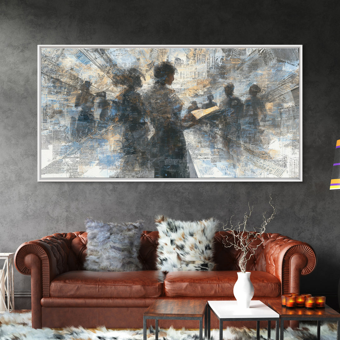Textured Silhouettes Reading In Blue Beige Light Wall Art, Abstract Canvas Print, Literary Office Decor Gift For Home Living Room