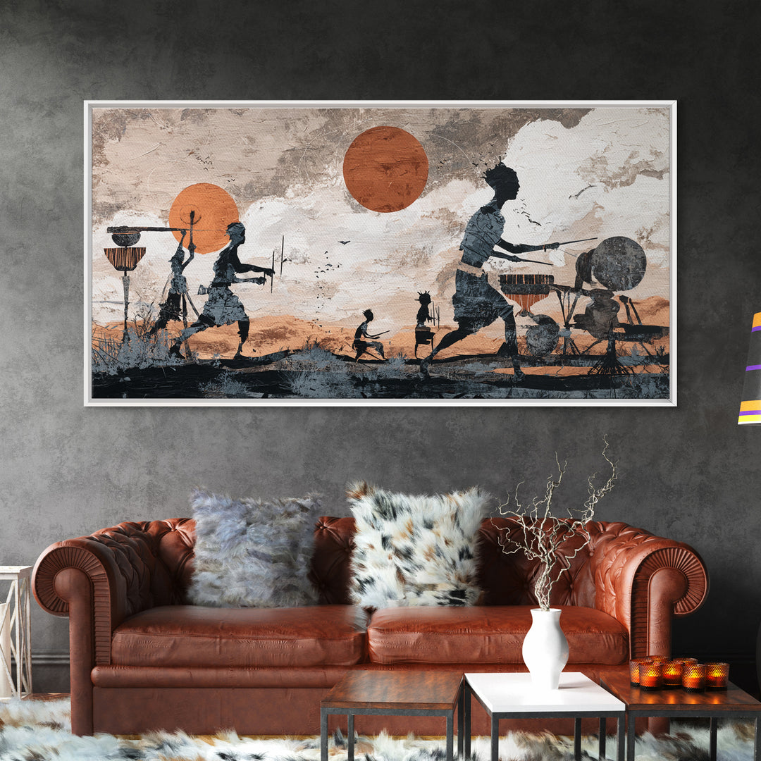 Drumming Village Family Silhouettes Canvas Print, African Wall Art, Tribal Music Decor, Afrocentric Living Room Artwork Gift