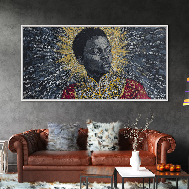 Young Black Boy Portrait With Golden Halo Framed Canvas Print, African American Art, Black History Decor, Empowerment Gift