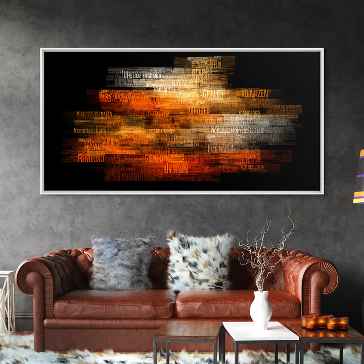 Orange Gold African Word Cloud Framed Canvas Print, Abstract African Art, Afrocentric Decor, Vibrant Statement Wall Decor