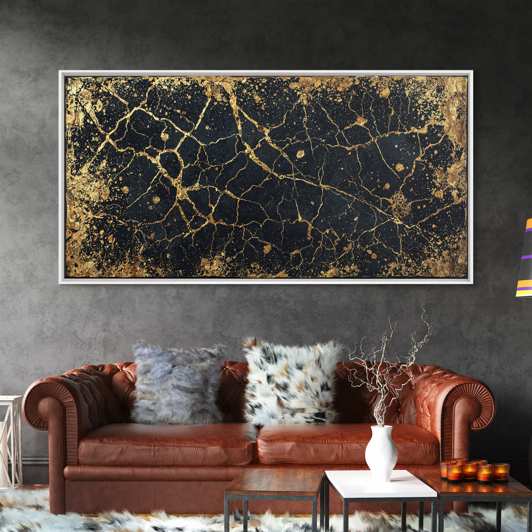 Black Gold Cracked Marble Wall Art, Abstract African Art Print, Luxury Canvas Decor, Earth Tone Textured Statement Piece