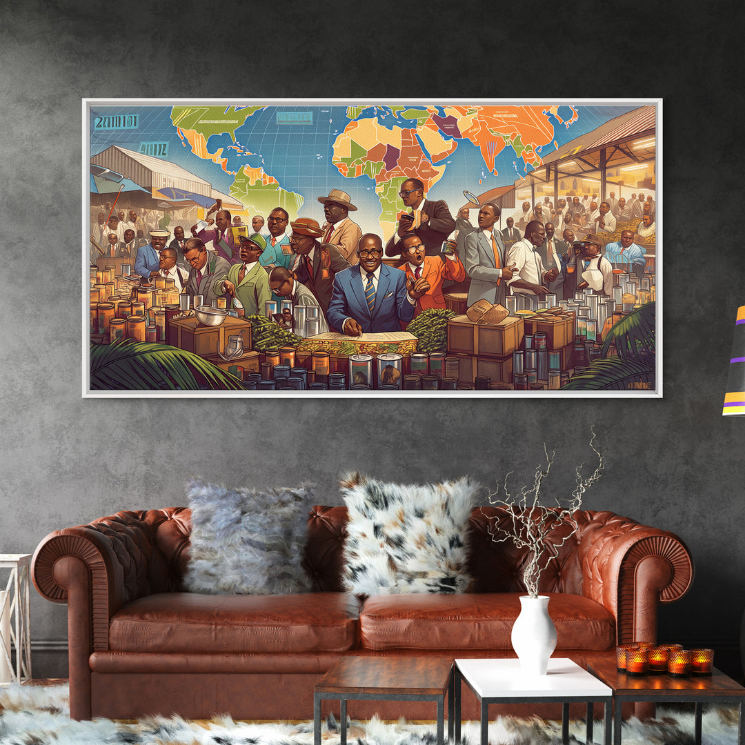 African Market Trade Scene Canvas Print, Pan African Map Wall Decor, Black History Art, Cultural Office Decor Gift For Him