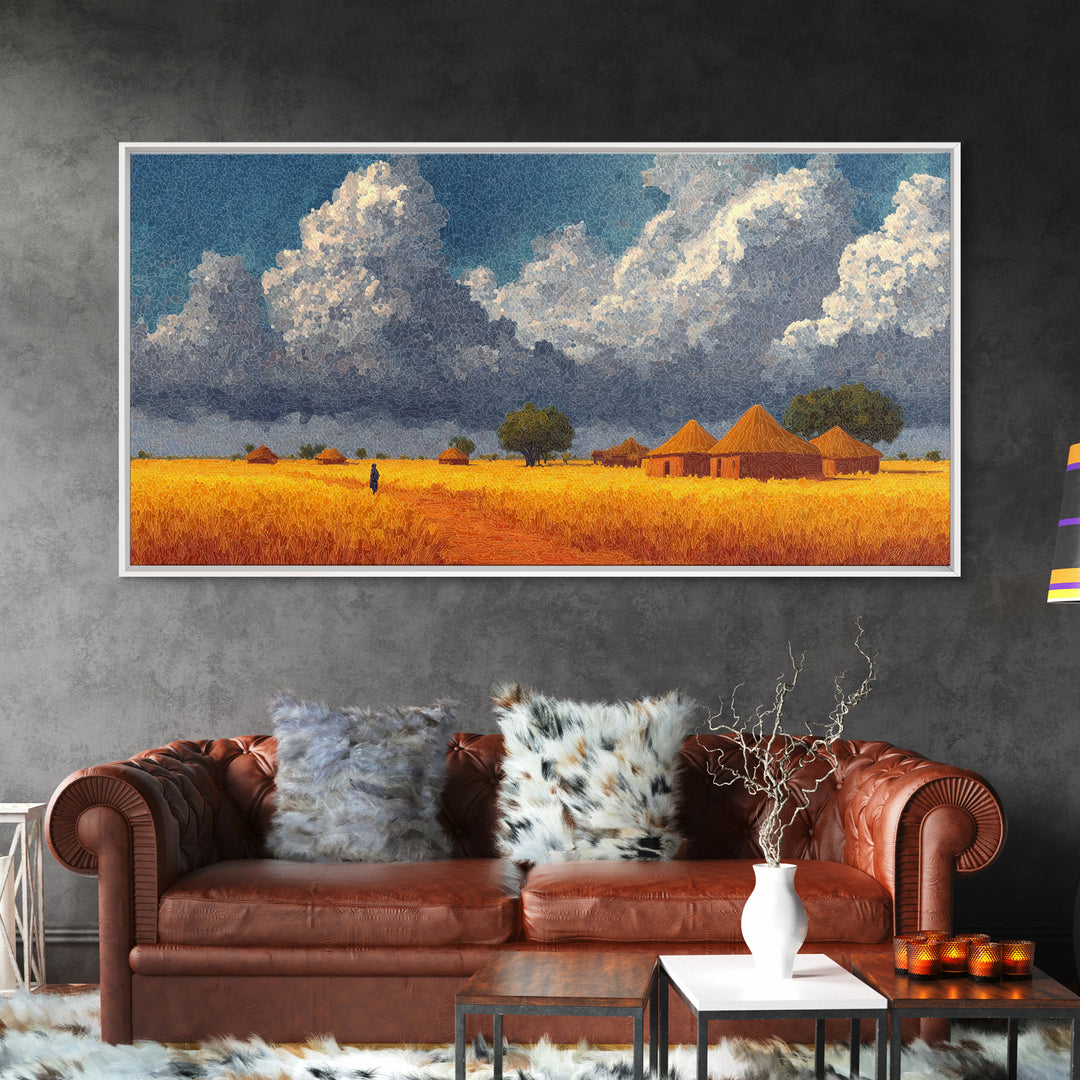 Golden Savanna Village With Storm Clouds Framed Canvas Print, African Landscape, Safari Art, Rustic Home Decor, Africa Painting