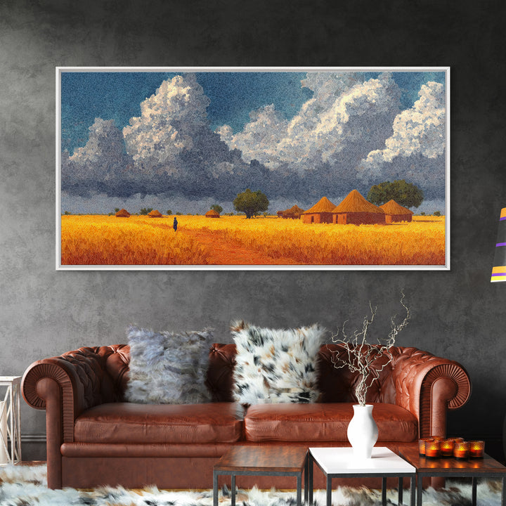Golden Savanna Village With Storm Clouds Framed Canvas Print, African Landscape, Safari Art, Rustic Home Decor, Africa Painting