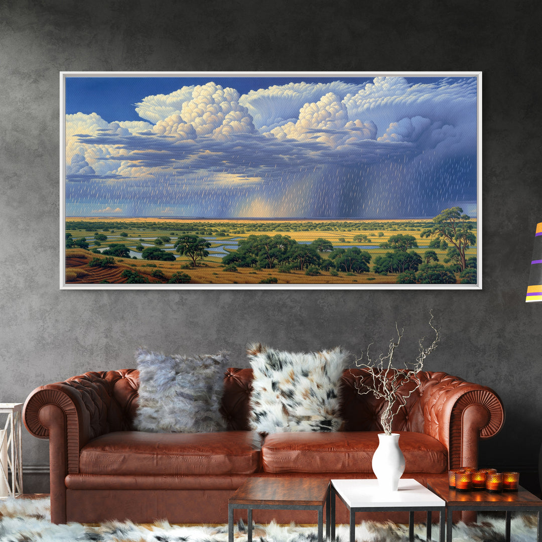 Blue Rain Clouds Over Green Savanna Wall Art, African Safari Art, Serengeti Wall Art, Nature Scene Art, Large Decor Art Gift