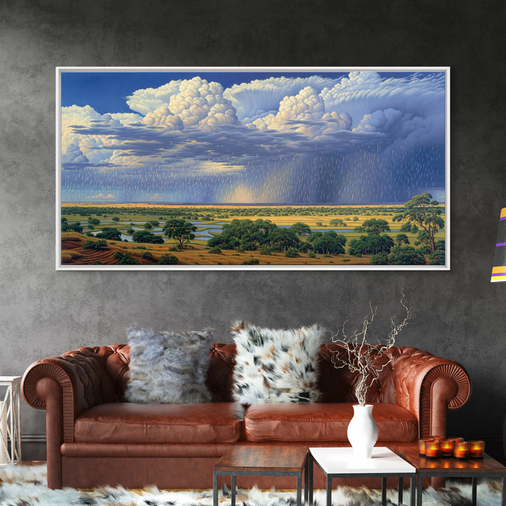 Blue Rain Clouds Over Green Savanna Wall Art, African Safari Art, Serengeti Wall Art, Nature Scene Art, Large Decor Art Gift