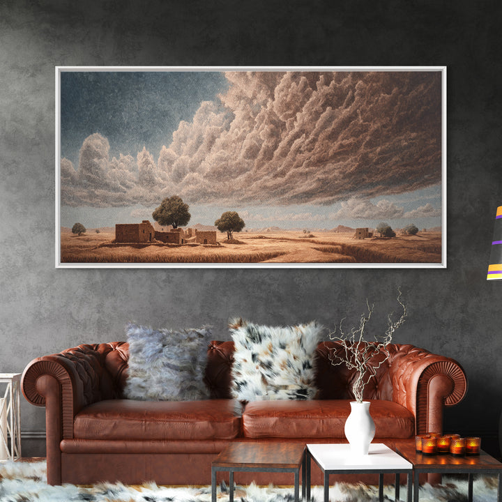 Desert Village Beneath Giant Storm Clouds Framed Canvas Print, African Landscape, Earth Tone Wall Art, Rustic Decor Gift
