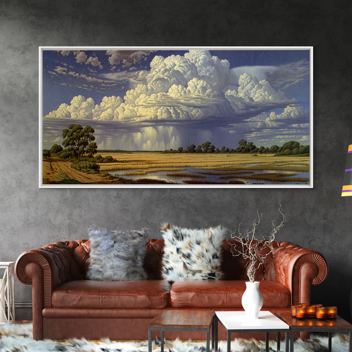 Majestic African Storm Clouds Over Wetlands Wall Art, Panoramic Safari Landscape, Motherland Decor, Large Canvas Print, Nature Art